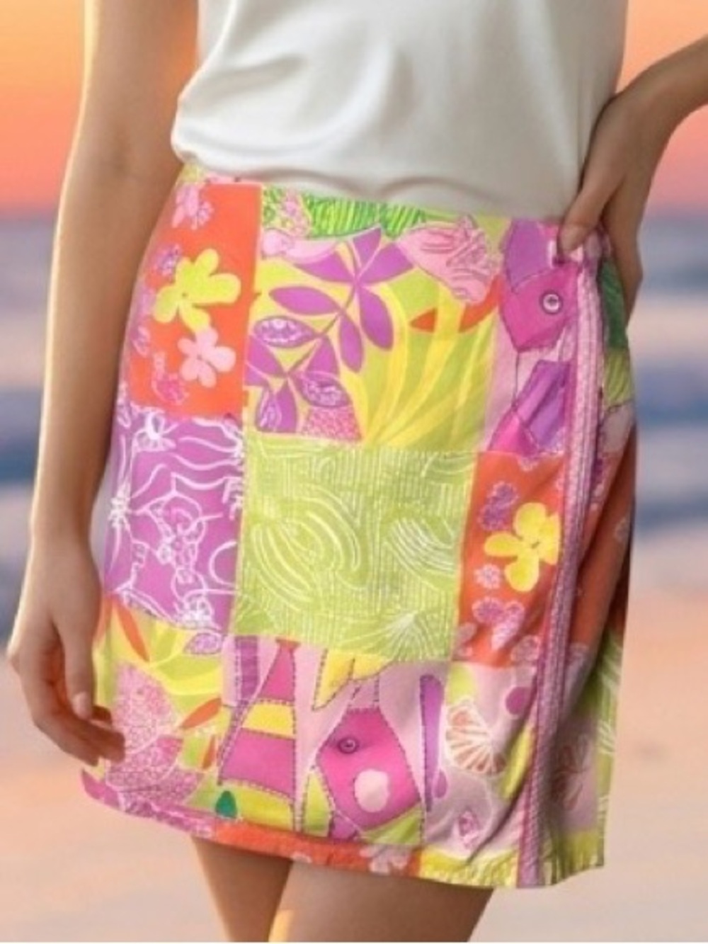 LILLY PULITZER Vtg Skirt Skort Chefs Blend Patch Pink Orange Yellow Mini